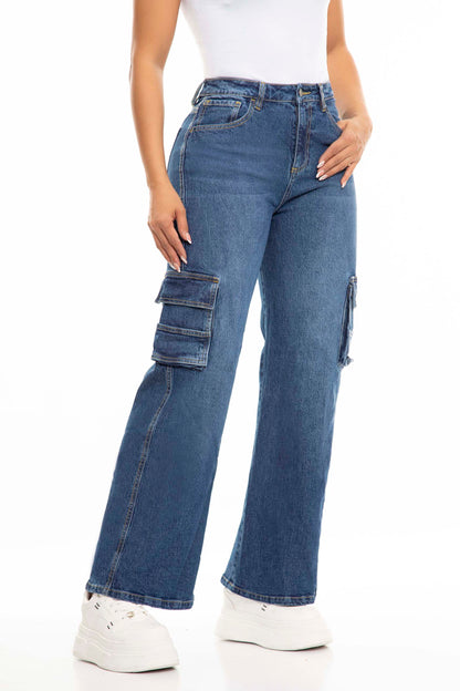 Ref. S2426 Medium blue elastic high-waisted cargo jean 