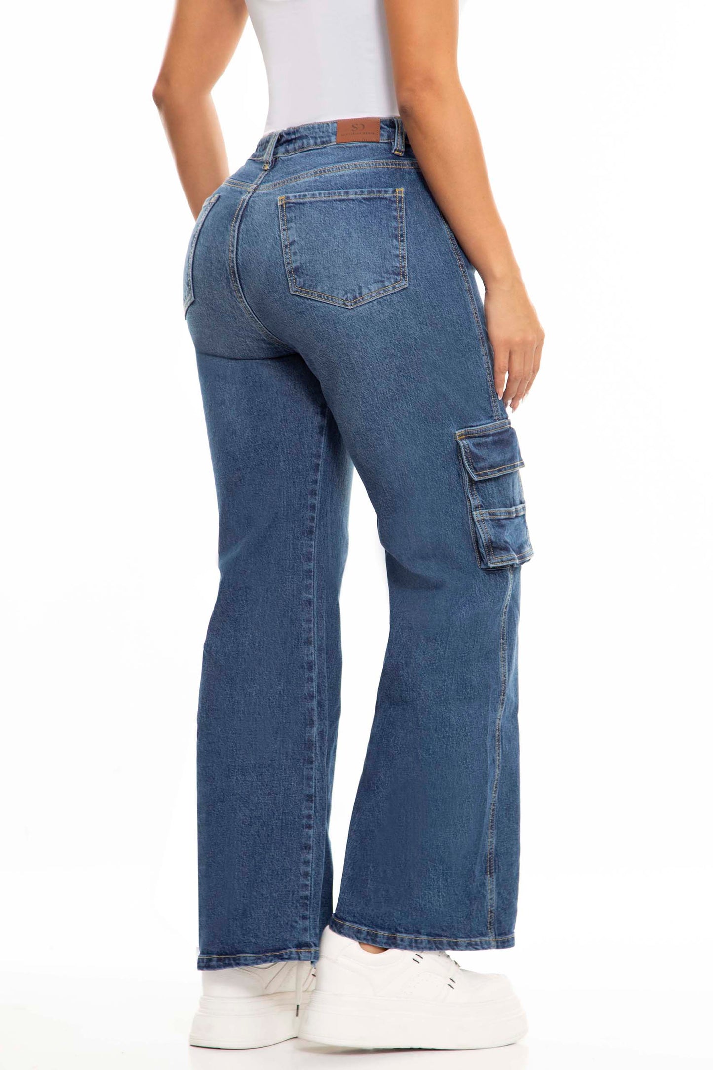 Ref. S2426 Medium blue elastic high-waisted cargo jean 