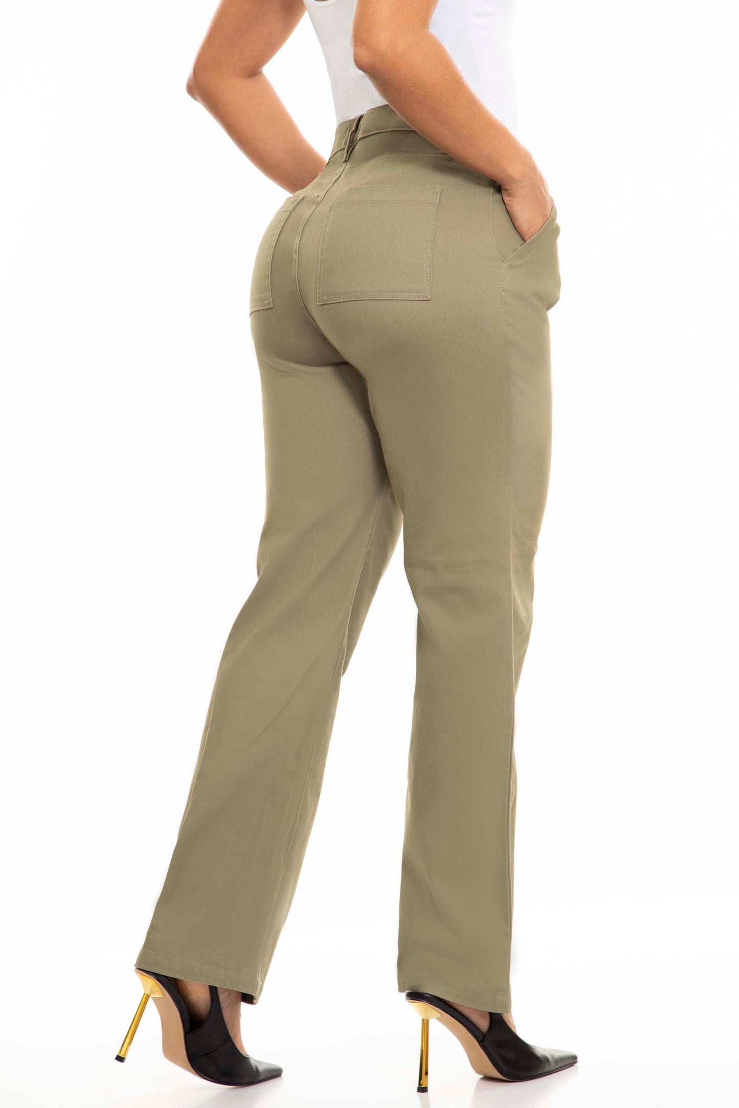 Ref. S2393 Classic high-waisted and wide-leg trousers in olive