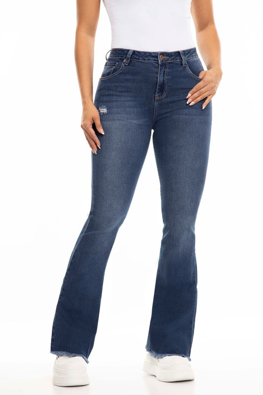 Ref. S2351 High-waisted bell-bottom elastic jeans with fringes on the boot