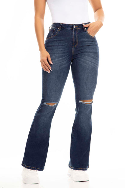 Ref. S2422 Dark blue stretch bell-bottom jeans with knee rips