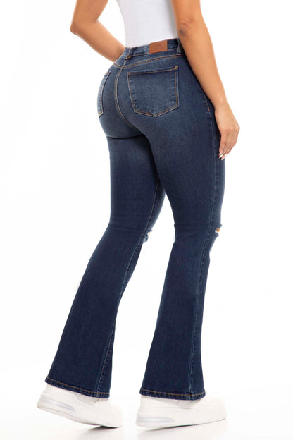 Ref. S2422 Dark blue stretch bell-bottom jeans with knee rips