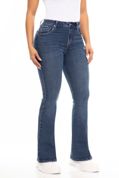 Ref. S2417 Classic high-waisted bell-bottom stretch jeans in dark blue