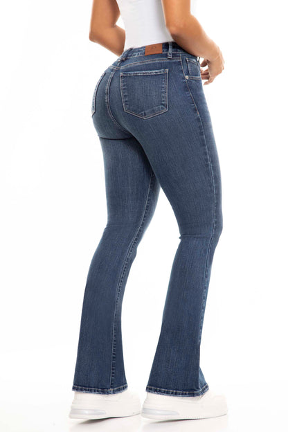 Ref. S2417 Classic high-waisted bell-bottom stretch jeans in dark blue